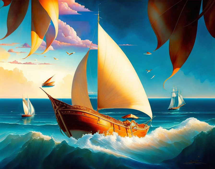 Colorful sailing ships on wavy ocean with seagulls in blue sky and golden-brown leaves