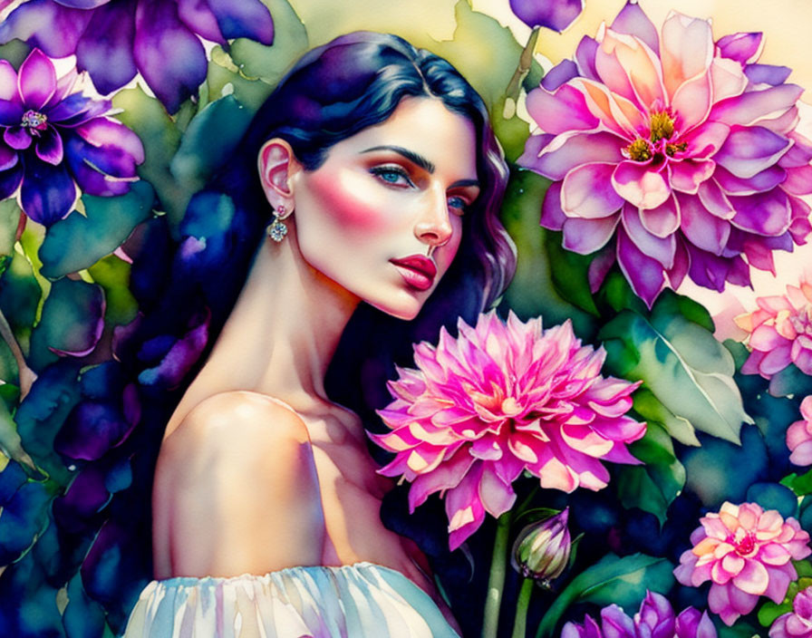 Vibrant pink and purple flowers frame a woman with striking features