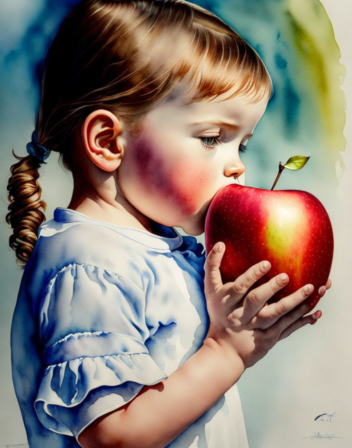 Young girl with braided hair in blue dress holding red apple