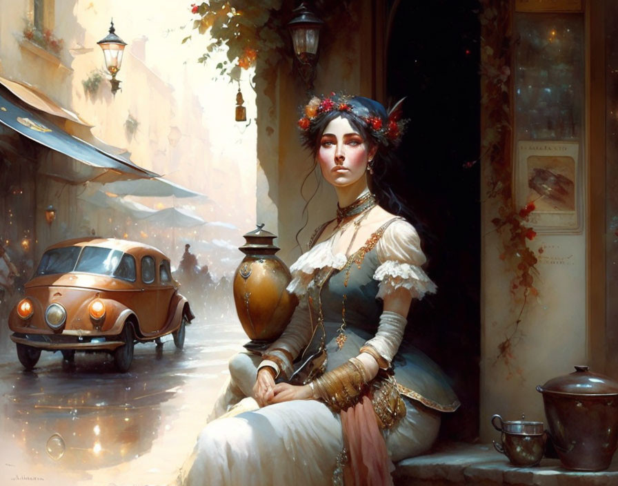 Woman with Headpiece Beside Pot in Sunlit Alley with Vintage Car