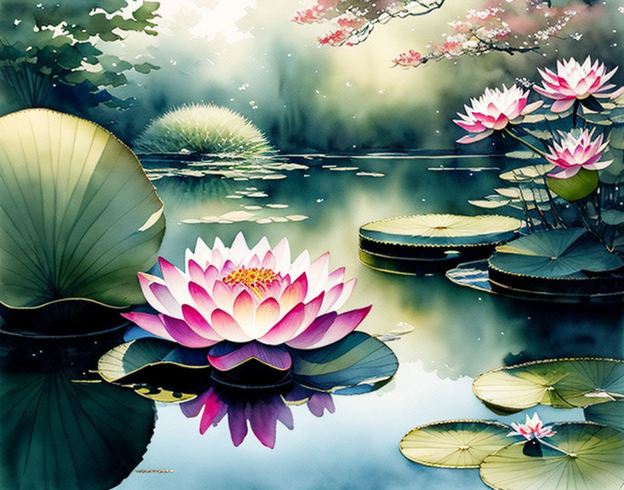 Tranquil pond with pink lotus flowers and green lily pads