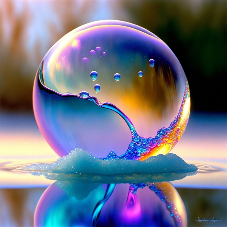 Colorful soap bubble on reflective surface with splash, dreamlike scene