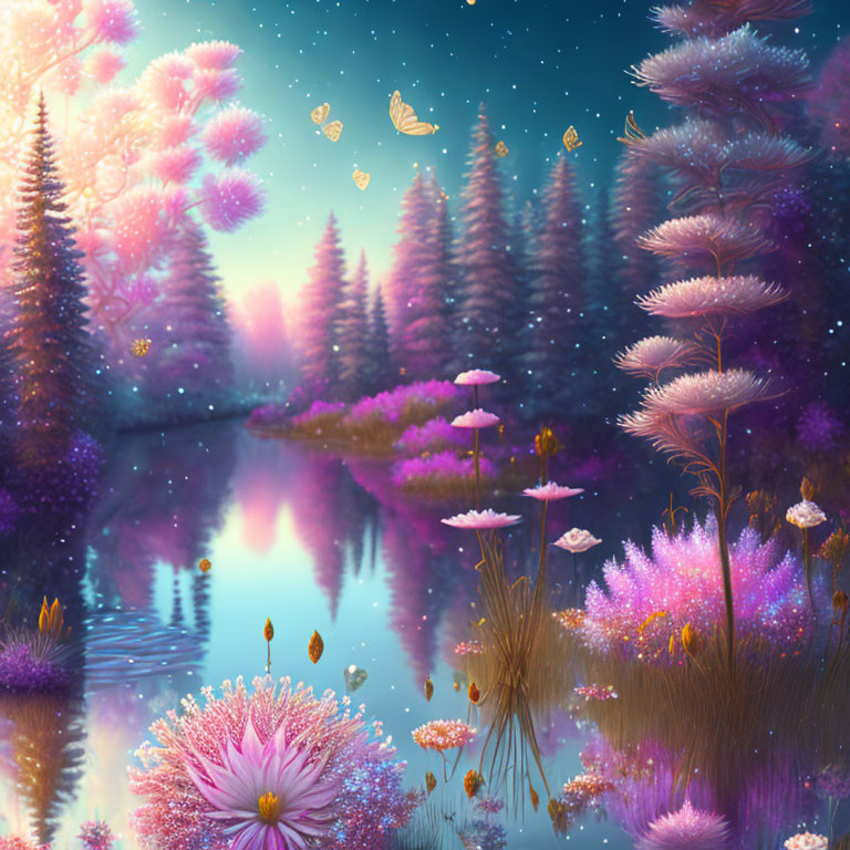 Fantastical landscape with pink and purple flora, reflective lake, butterflies, and starry sky