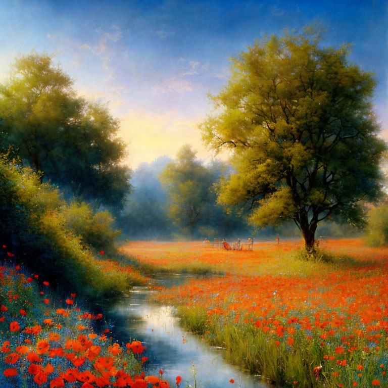 Tranquil landscape with river, red poppies, and green trees