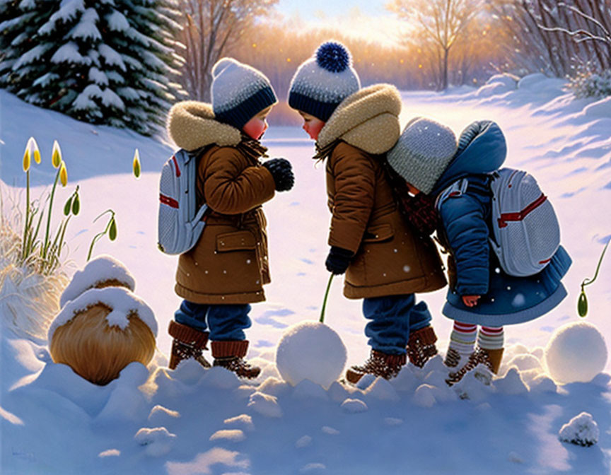 Children in winter clothes with snowballs in snowy landscape, cat watching