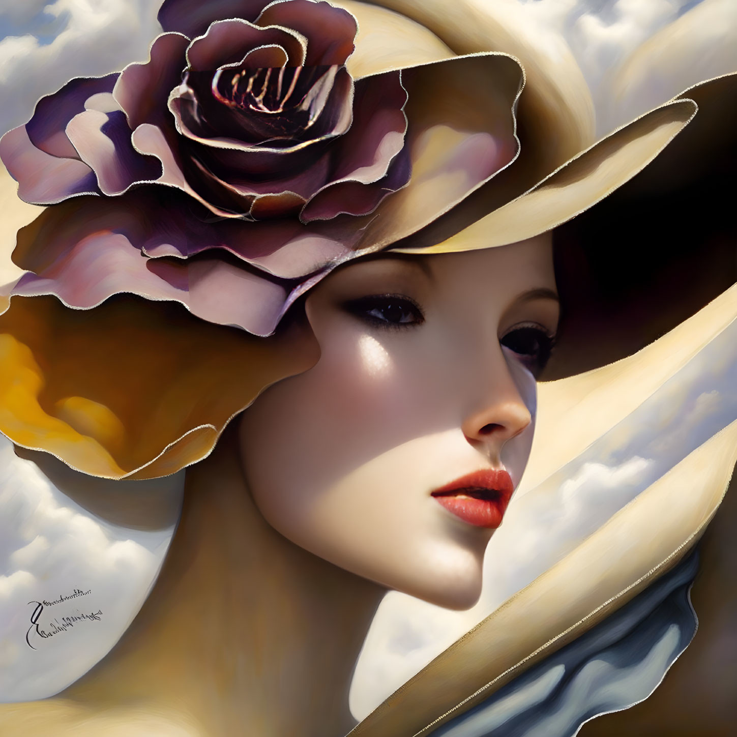 Digital painting of woman with pale skin, red lips, and elegant hat against cloudy sky.