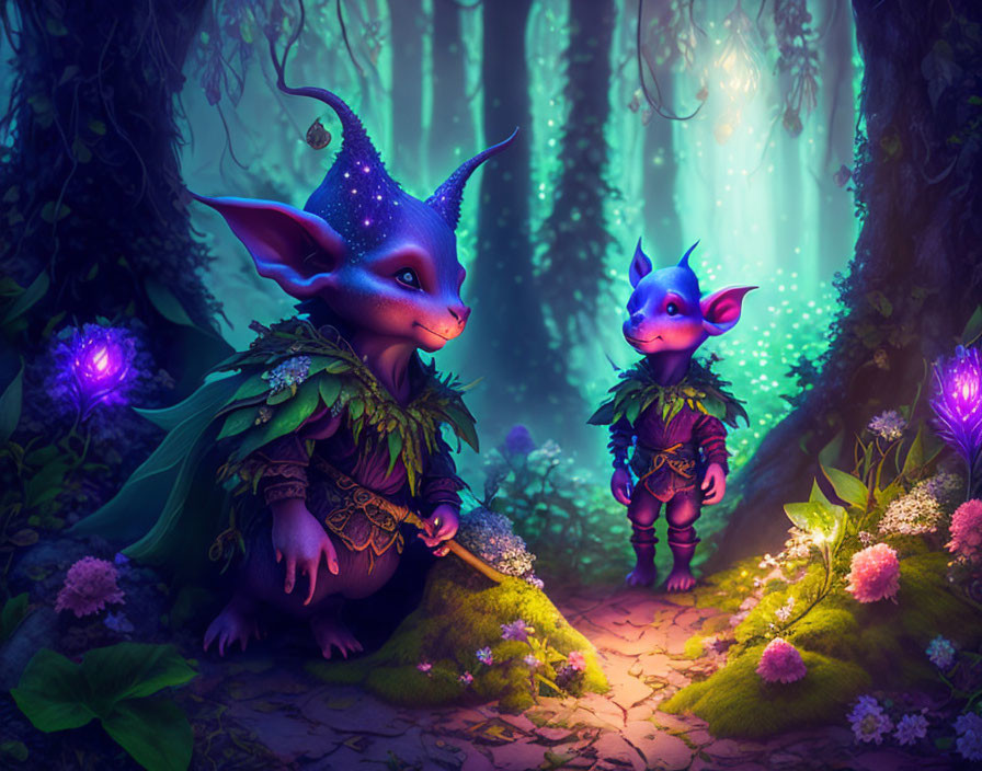 Blue-skinned creatures with pointy ears in enchanted forest with glowing plants.