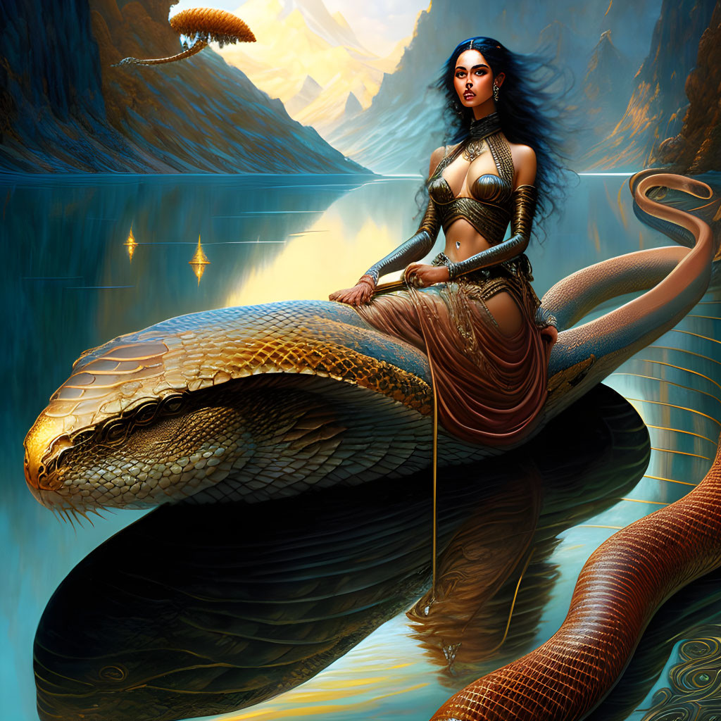 Mystical woman with snake lower body in fantastical water realm