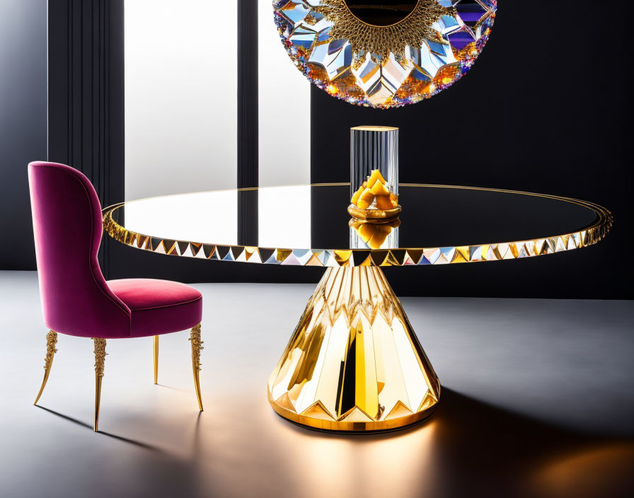 Luxurious Room with Gold-and-Black Table, Pink Chair, and Ornate Mirror