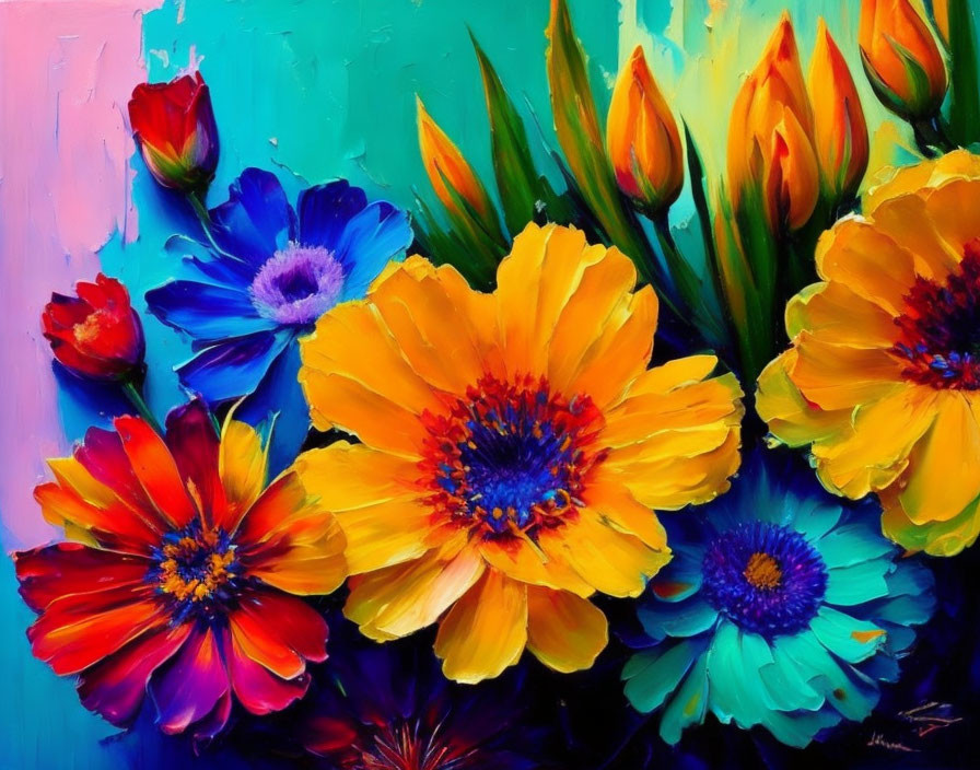 Colorful Flower Painting with Tulips and Daisies on Bright Blue Background