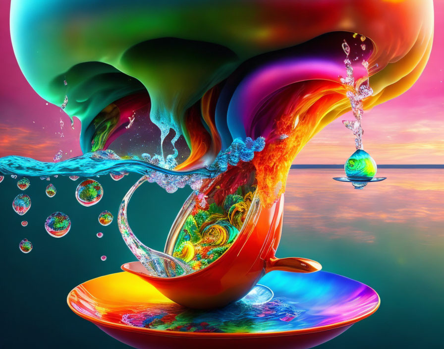 Colorful Liquid Splash Artwork with Sunset Background