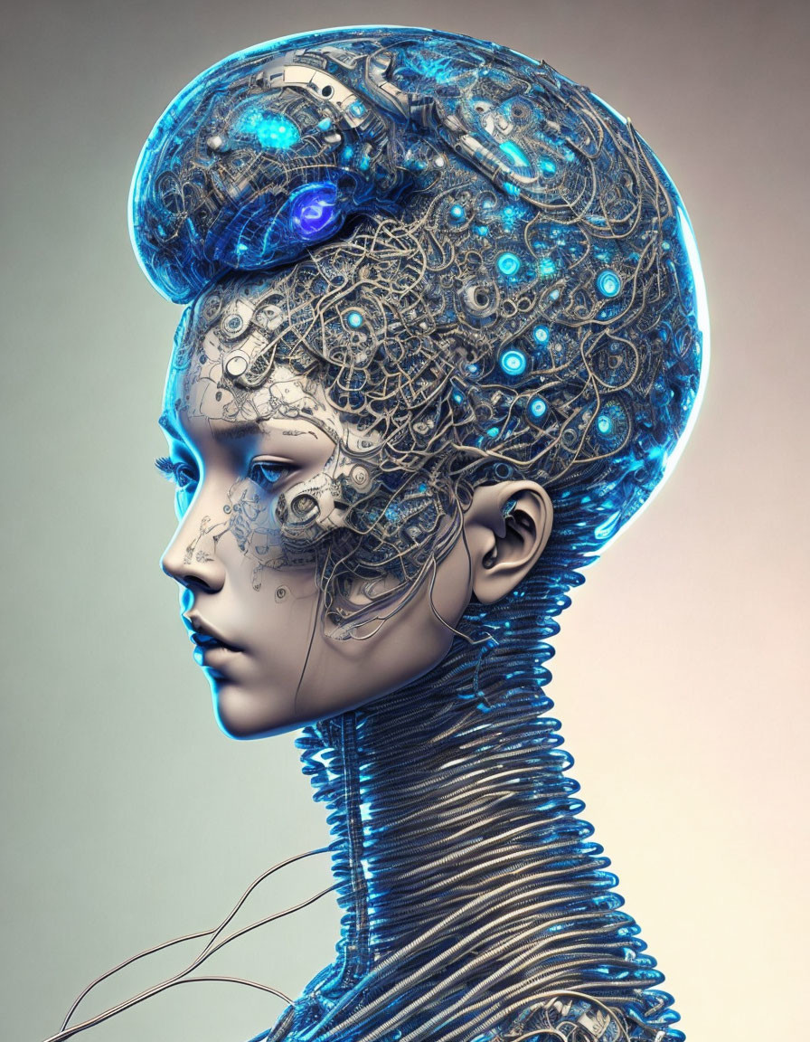 Detailed futuristic robotic head with intricate wires and mechanical parts.