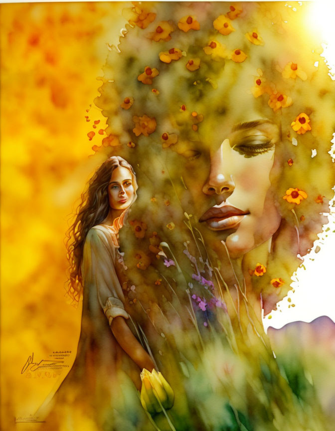 Surreal illustration of woman with smaller figure, vibrant flowers symbolize fusion of human and nature