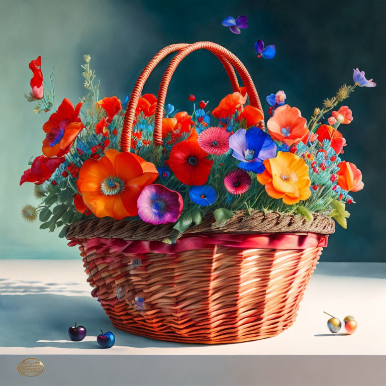 Wicker basket filled with poppies and wildflowers, blue butterflies, serene backdrop