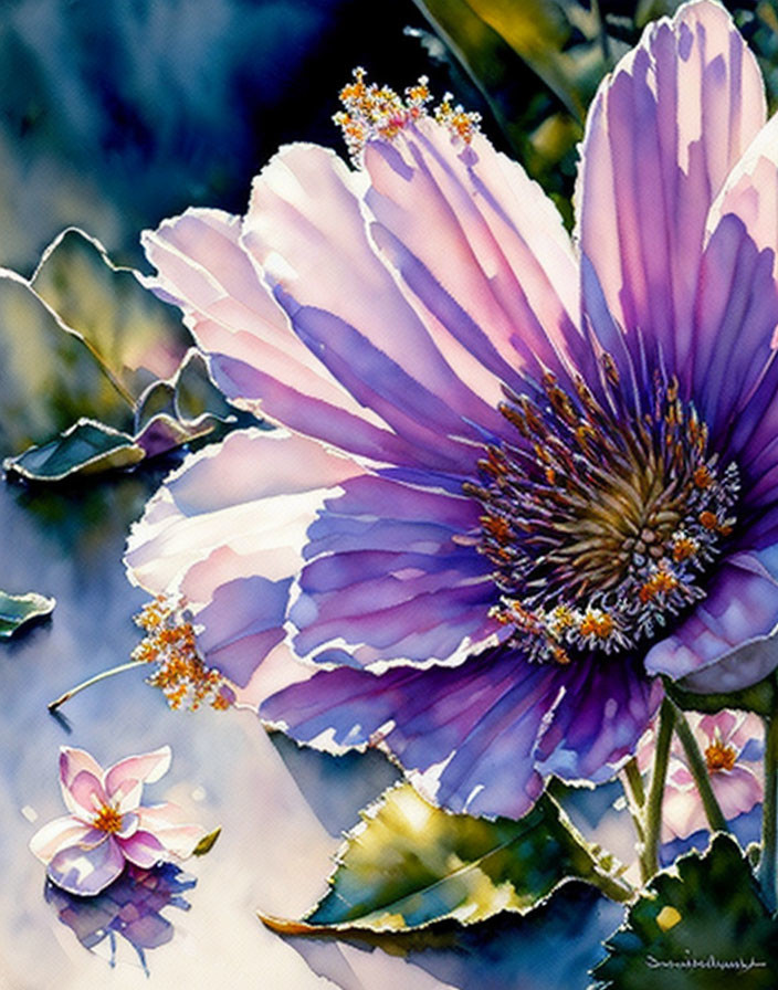 Detailed watercolor painting of purple flower with smaller bloom on blue background