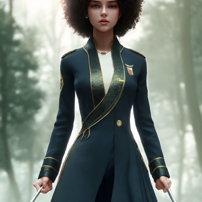 Digital artwork of woman with afro in navy blue uniform holding sword in misty forest