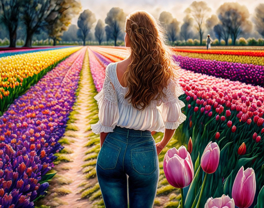 Woman with Long Hair in Vibrant Tulip Field at Sunset