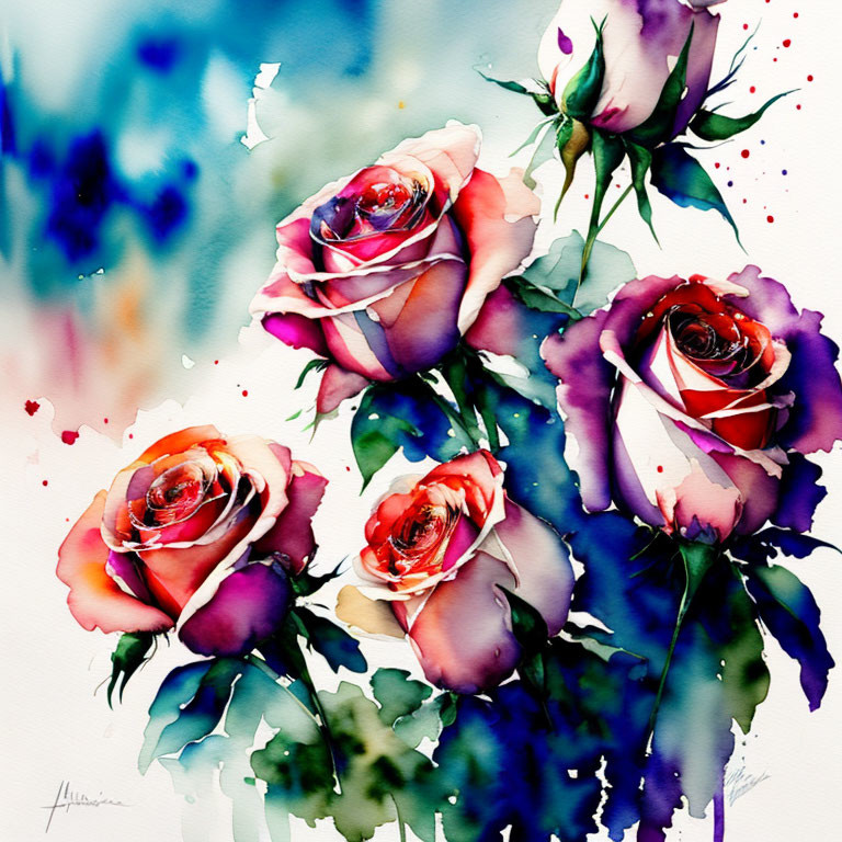 Colorful Watercolor Painting of Multicolored Roses on Pink, White, and Purple Background