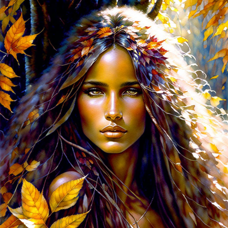 Portrait of Woman with Intense Eyes and Autumn Foliage Headdress