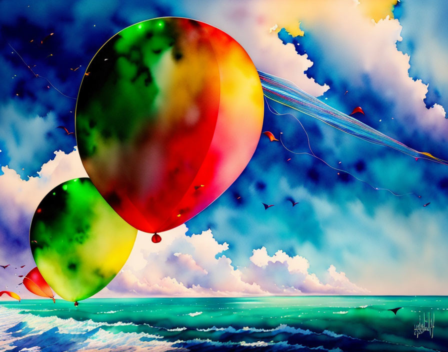 Colorful balloons float over calm sea with fluffy clouds and distant birds