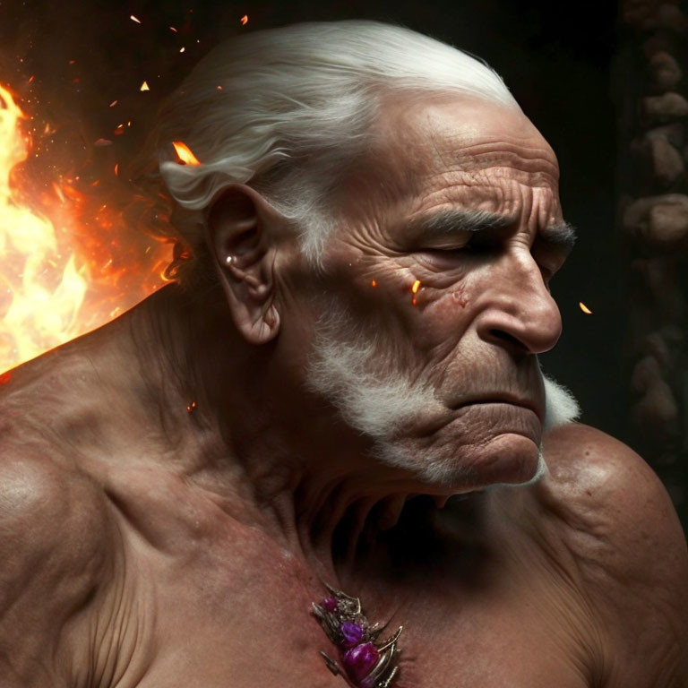 Elderly muscular man with white hair surrounded by embers and fire.