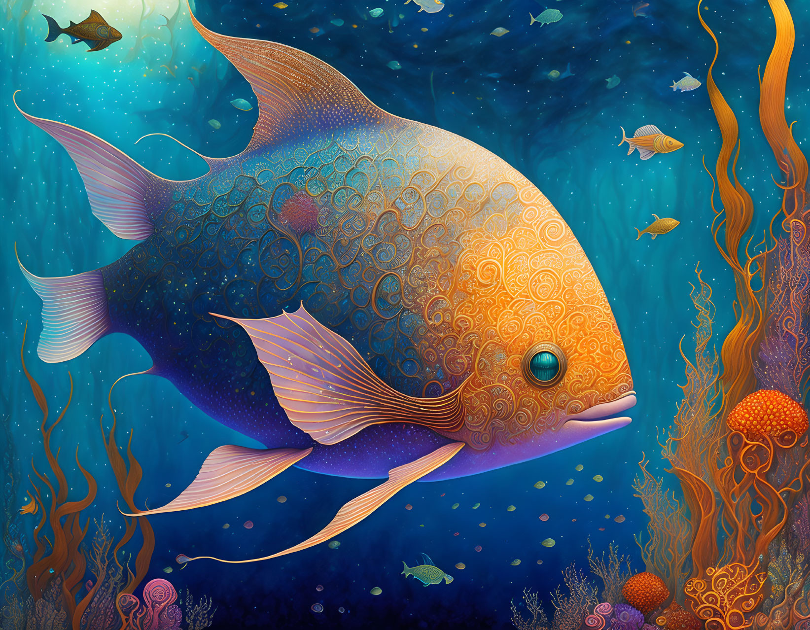 Colorful fish among coral and seaweed in whimsical underwater scene