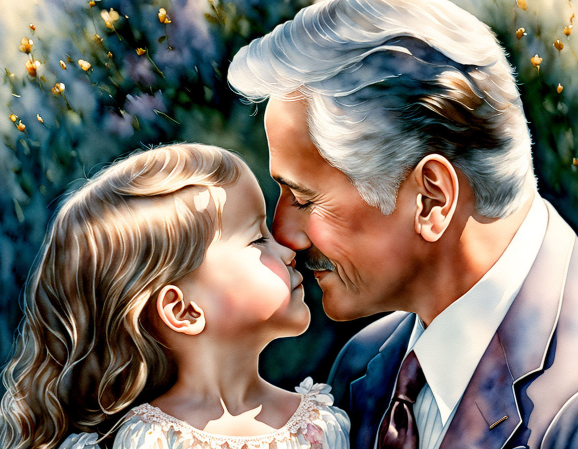 Digital painting captures tender moment between young girl and older man.