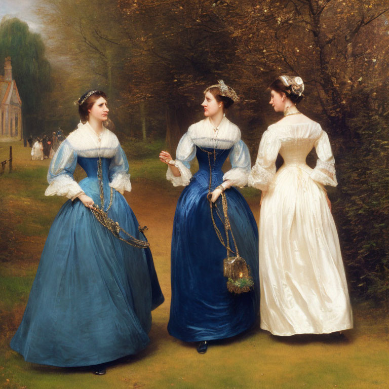 Victorian-era women in cinched waistline dresses walking and talking along tree-lined path