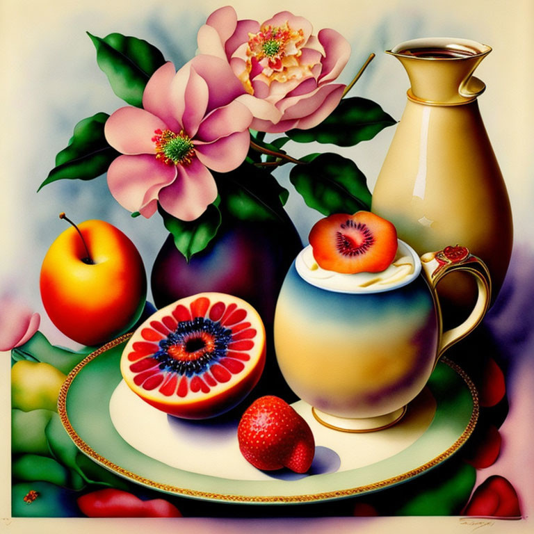 Colorful still life painting with golden jug, tea cup, fruits, and flowers