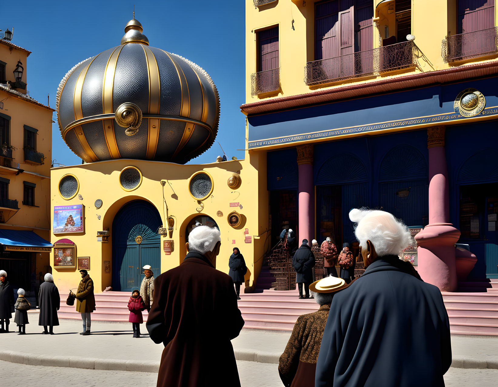 Ornate golden dome next to yellow building under clear blue sky