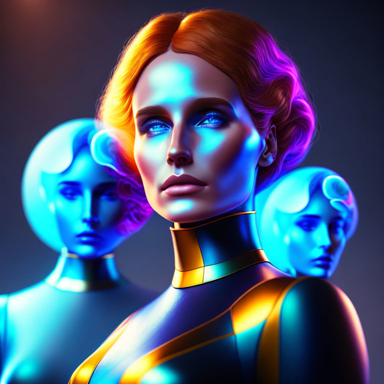 Three female figures in vibrant blue and orange lighting wearing futuristic attire.