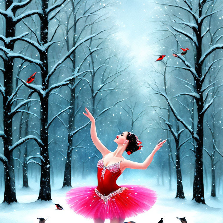 Ballerina in red tutu dances in snowy forest with red birds