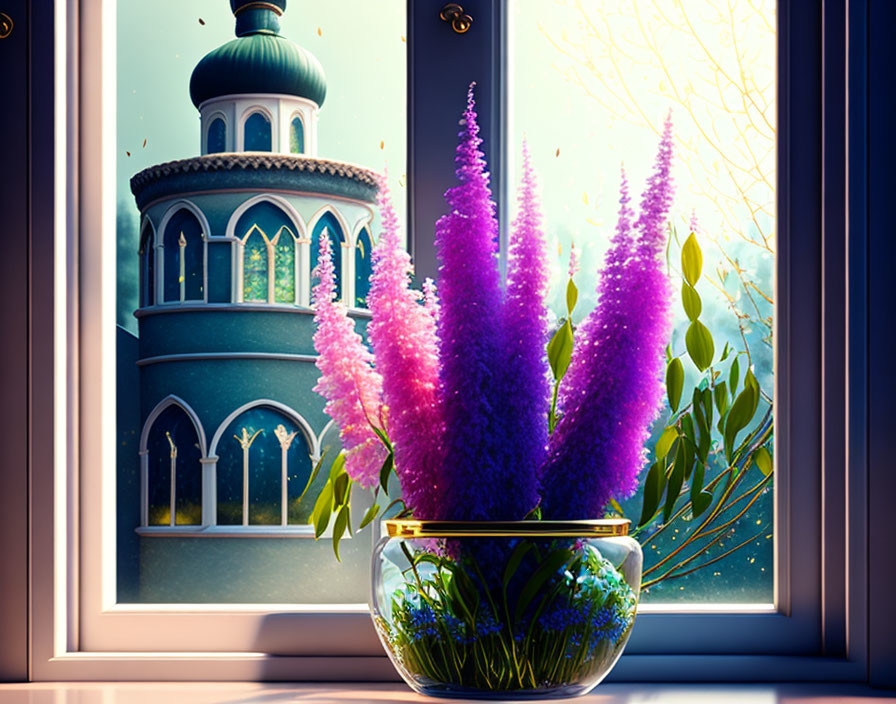 Tranquil window view of purple flowers in glass bowl with fairytale blue tower