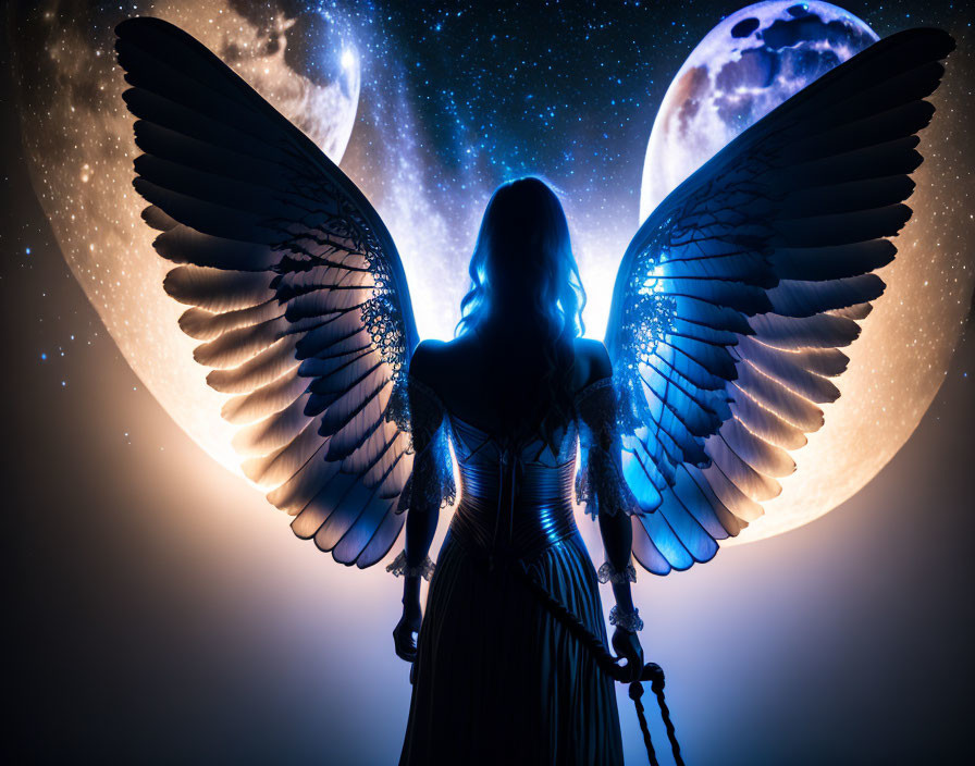 Person Silhouetted with Angel Wings in Celestial Setting with Two Moons