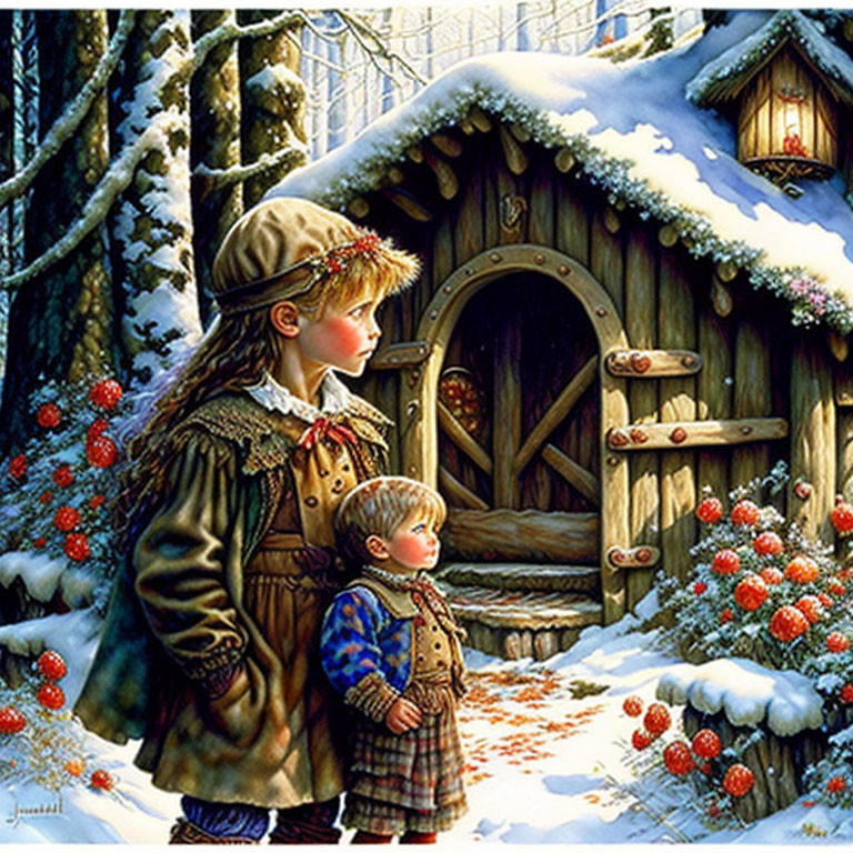 Children in winter clothing by snowy wooden cottage and trees.