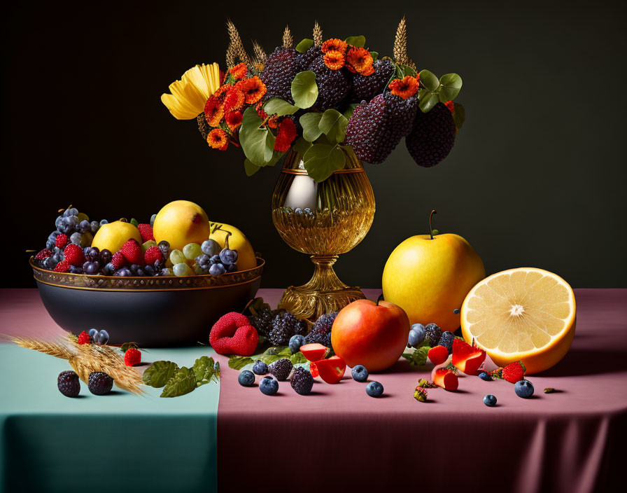Mixed Berries and Fruits Still Life with Floral Vase on Dual-Toned Table