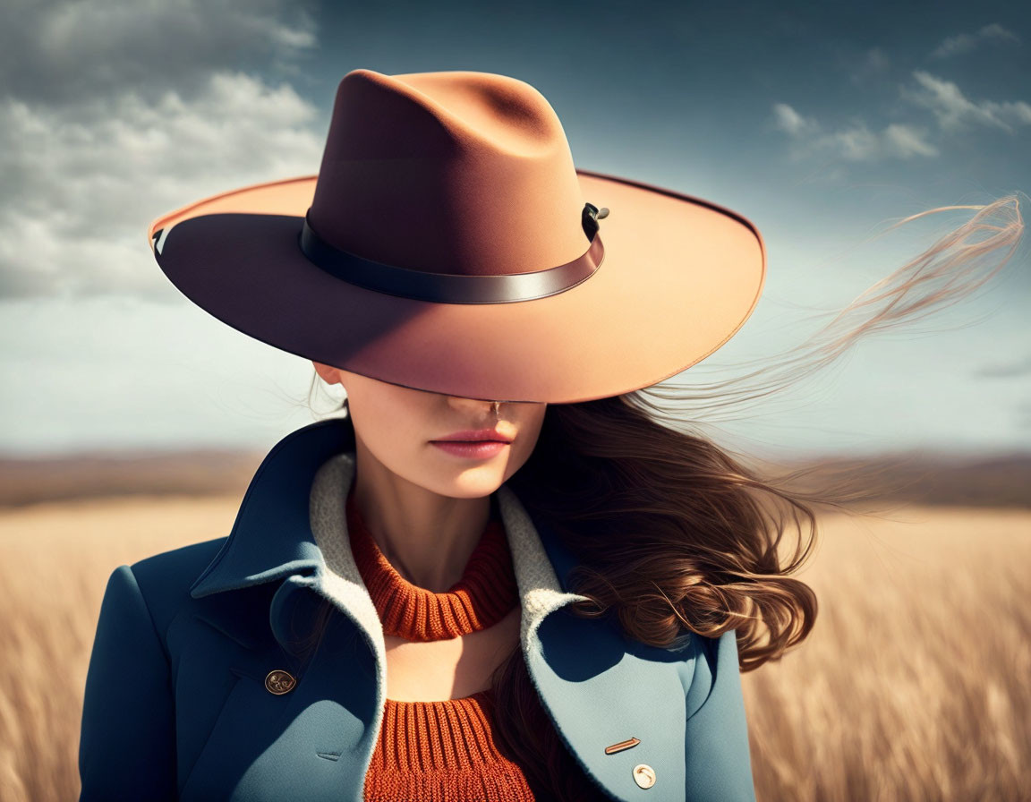 Stylish woman in wide-brimmed hat and coat standing in field