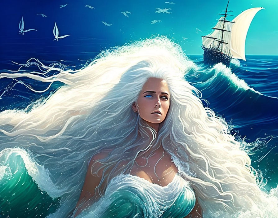 Fantasy illustration of woman with ocean wave-like hair, ship, birds, and vibrant blue seascape