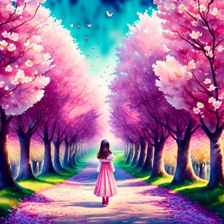 Girl in Pink Dress Surrounded by Cherry Blossom Trees at Twilight