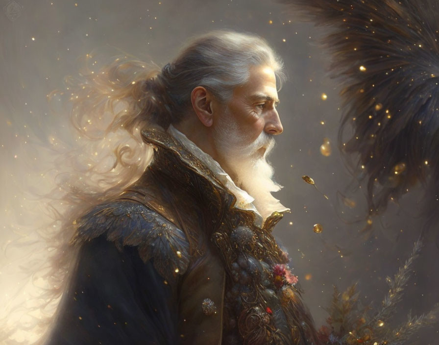 Majestic elder man with white beard in ornate coat and light effects