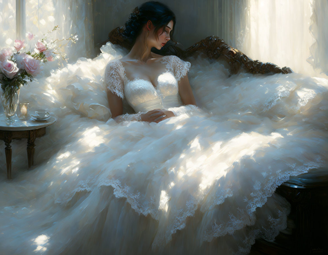 Woman in Elaborate White Wedding Gown Sitting by Window with Bouquet