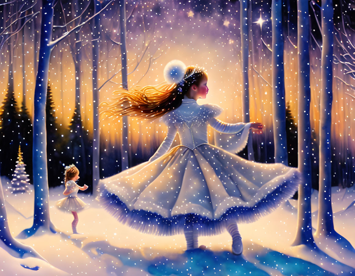 Girl in white dress dances in snowy forest at night with smaller figure, surrounded by glistening trees and