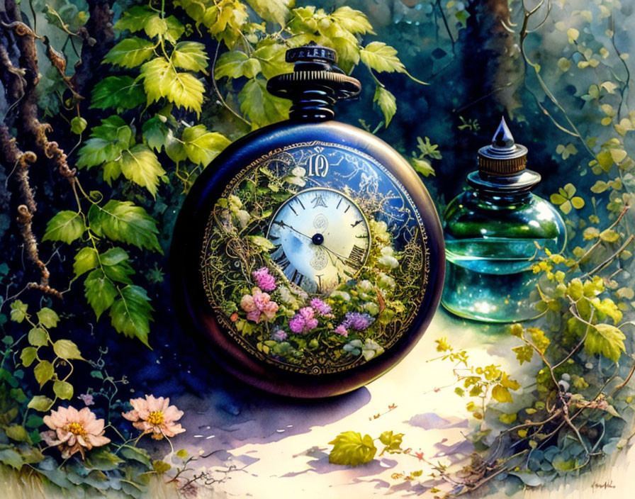 Ornate Pocket Watch Among Greenery and Flowers in Magical Forest Setting