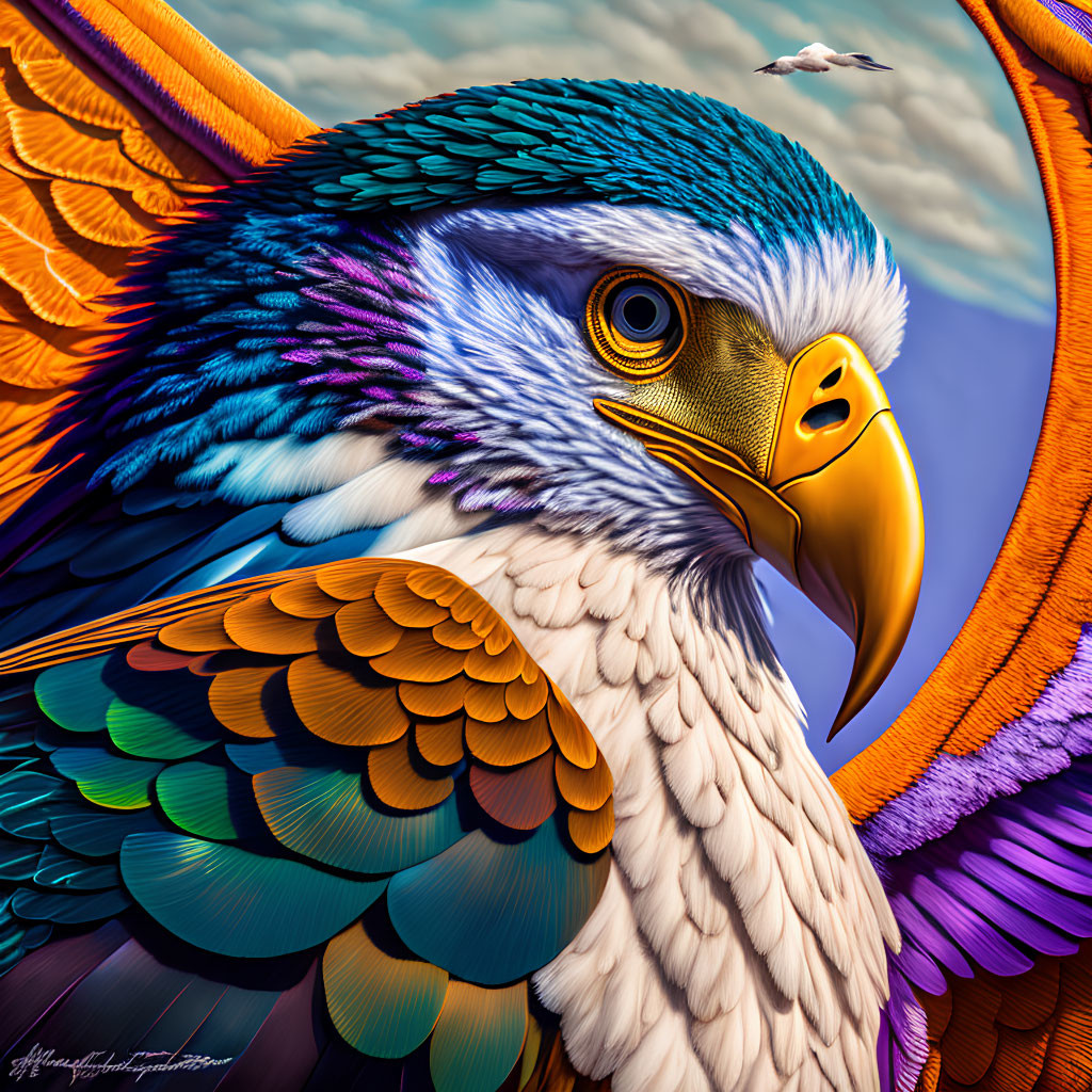 Vibrant digital artwork: Colorful eagle with detailed feathers on sky backdrop