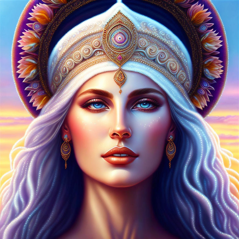 Digital Artwork: Woman with Blue Wavy Hair and Ornate Headdress under Pastel Sky