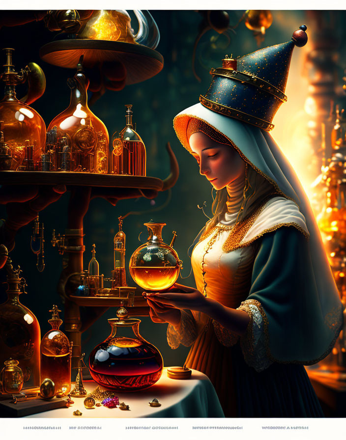 Medieval woman in alchemist's workshop with glowing flask