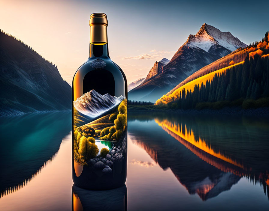 Landscape scene of mountains, trees, and river in a bottle against a sunset backdrop