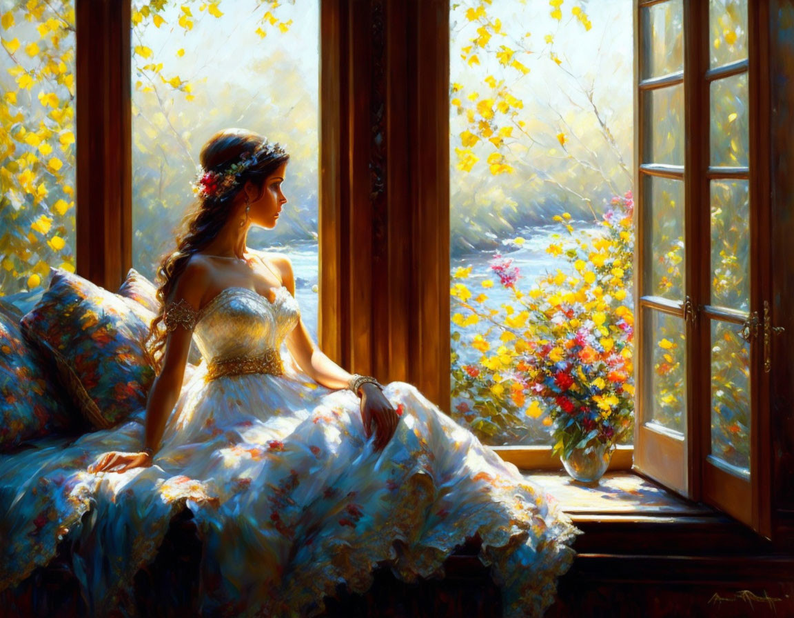 Woman in Floral Dress Sitting by Open Window with Sunny Yellow Flowers