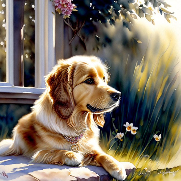 Golden retriever basks in sunlight near window with flowers and greenery