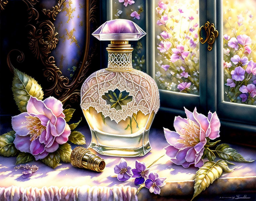 Purple-capped perfume bottle with pink flowers and gold embroidery on window background